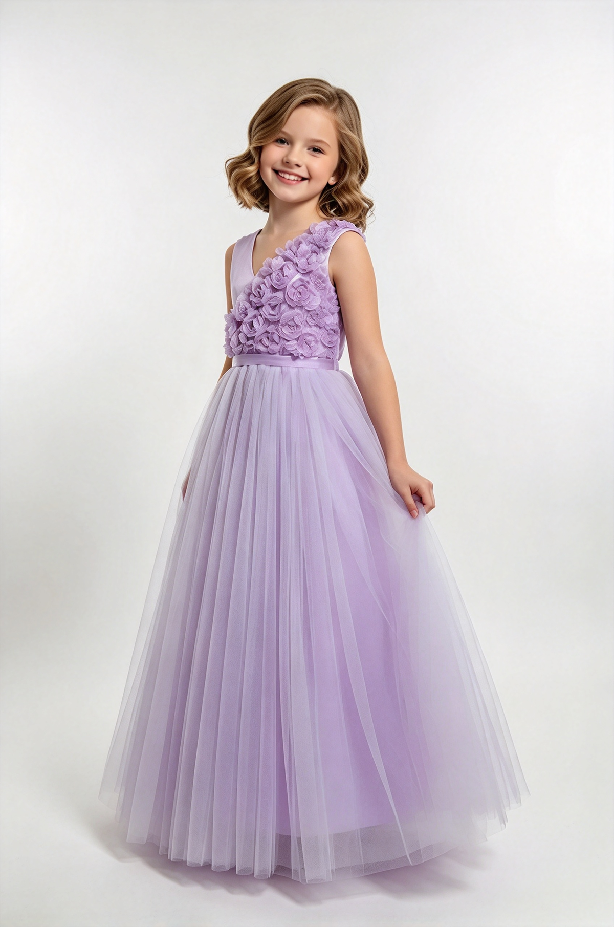 Lavender Girls Satin Tulle V-Neck 3D Rose A-Line Flower Girl Dress