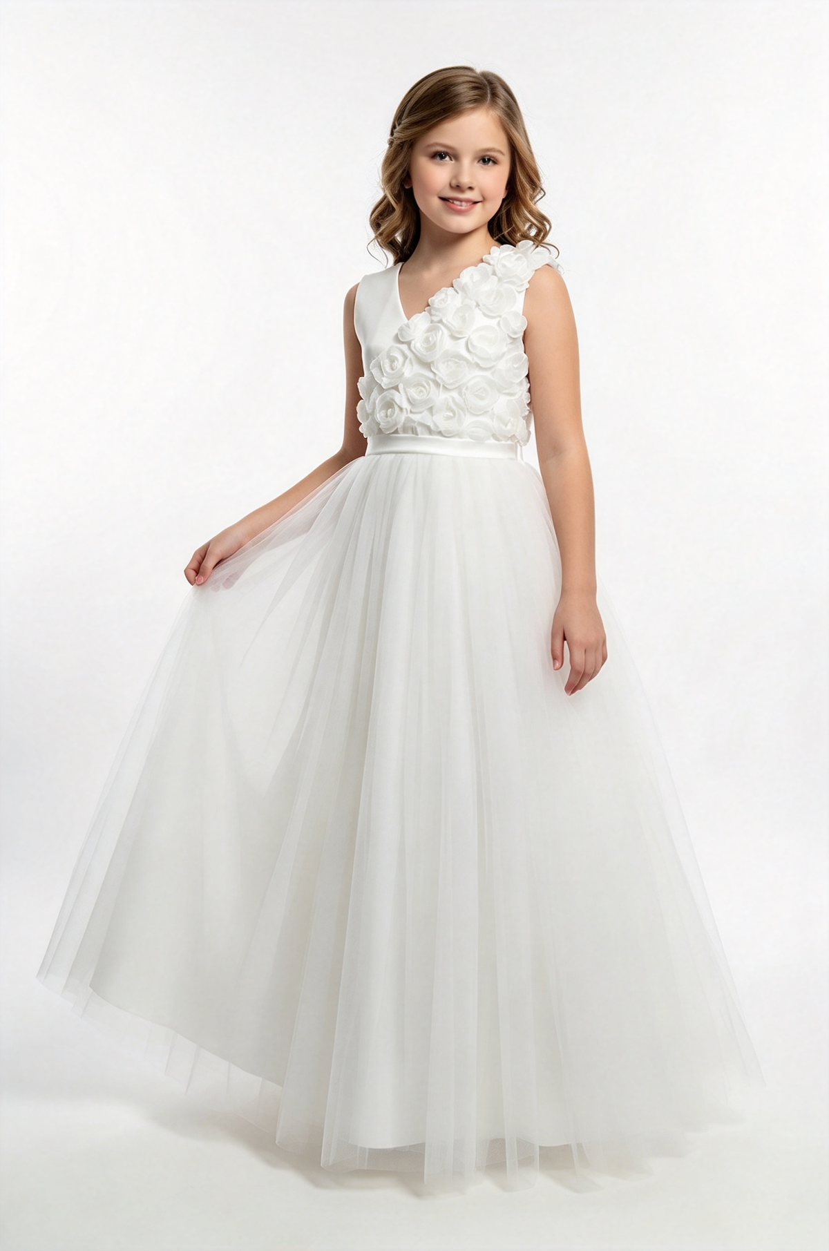 Lavender Girls Satin Tulle V-Neck 3D Rose A-Line Flower Girl Dress