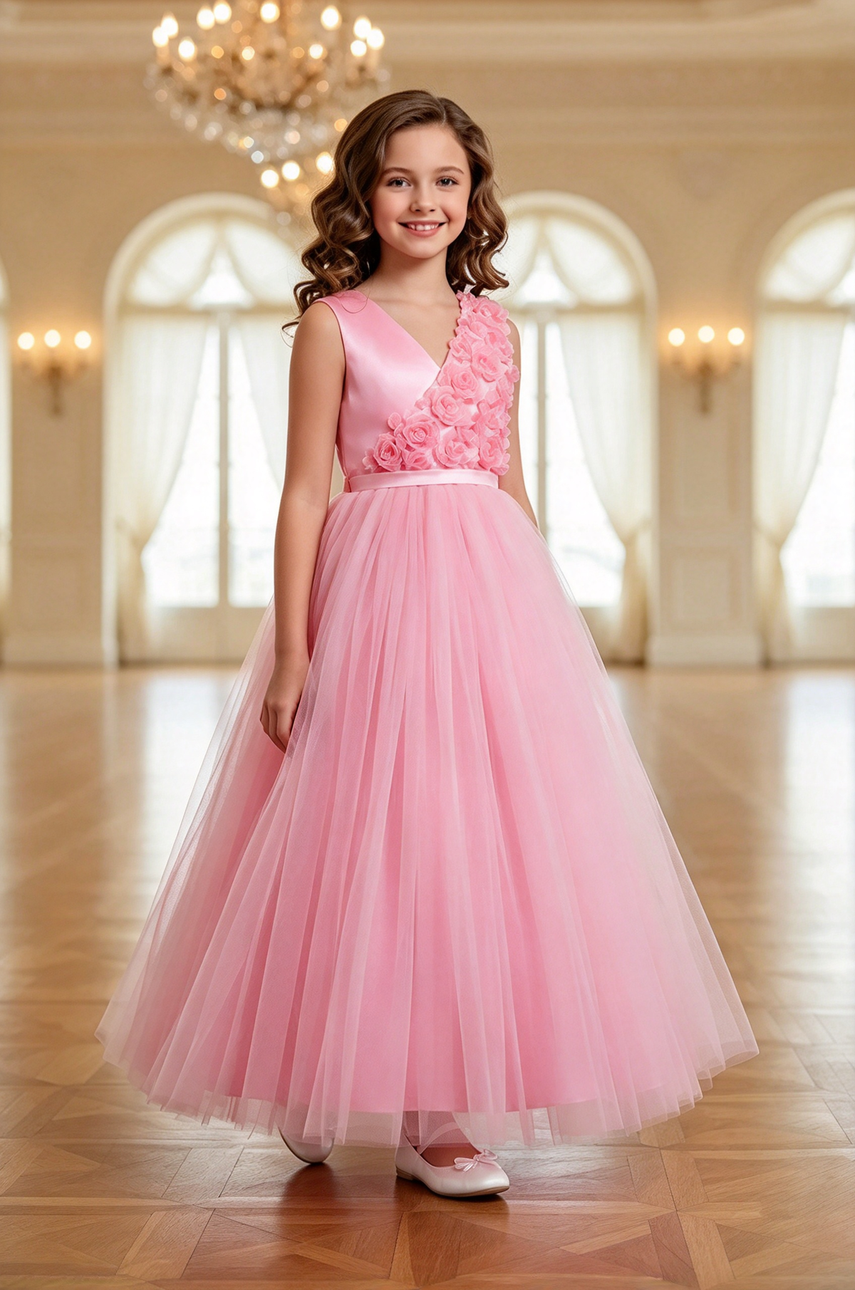 Lavender Girls Satin Tulle V-Neck 3D Rose A-Line Flower Girl Dress