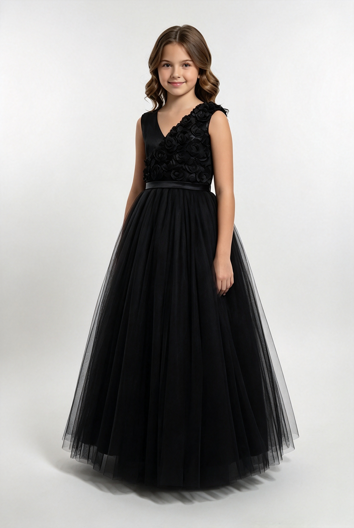 Lavender Girls Satin Tulle V-Neck 3D Rose A-Line Flower Girl Dress