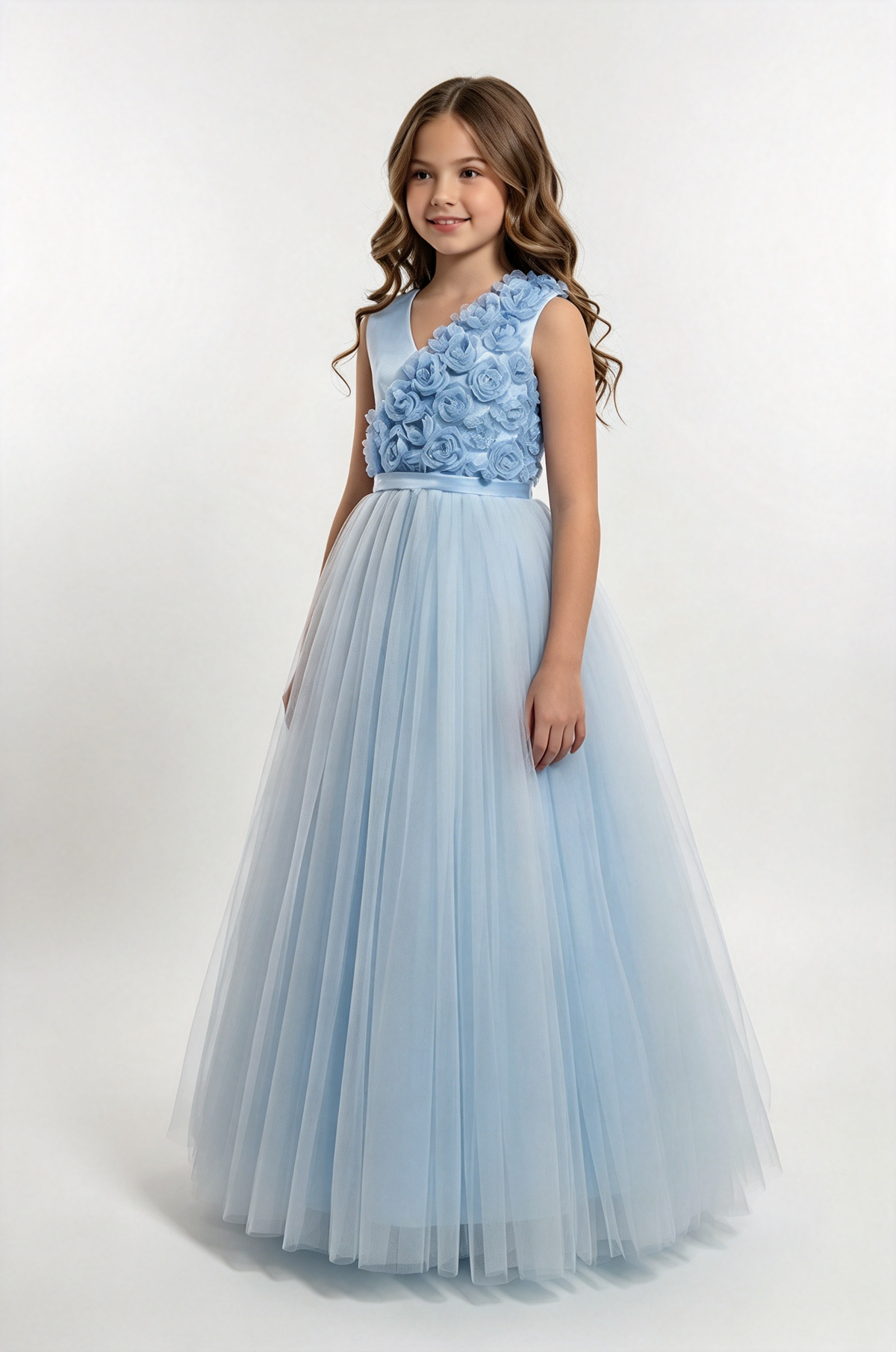 Lavender Girls Satin Tulle V-Neck 3D Rose A-Line Flower Girl Dress