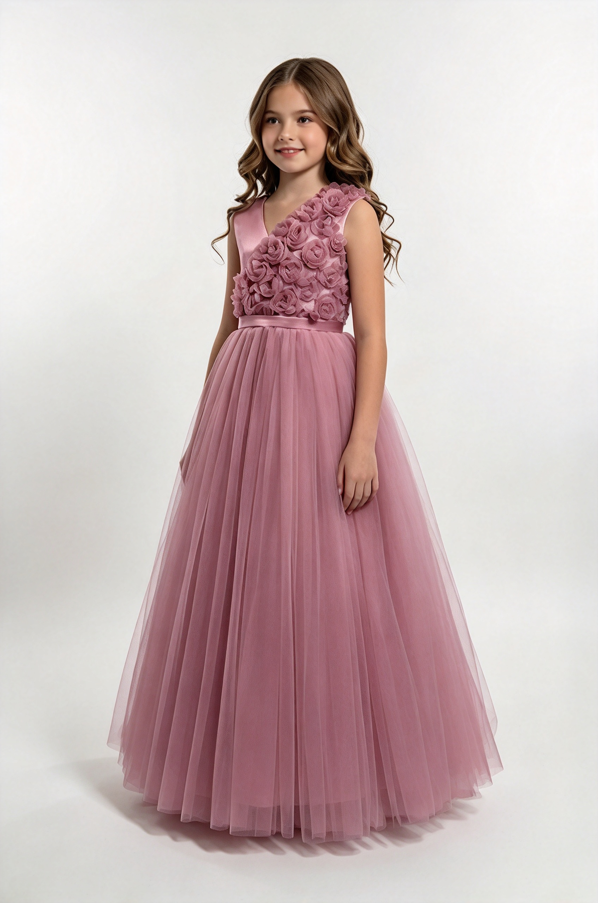 Lavender Girls Satin Tulle V-Neck 3D Rose A-Line Flower Girl Dress