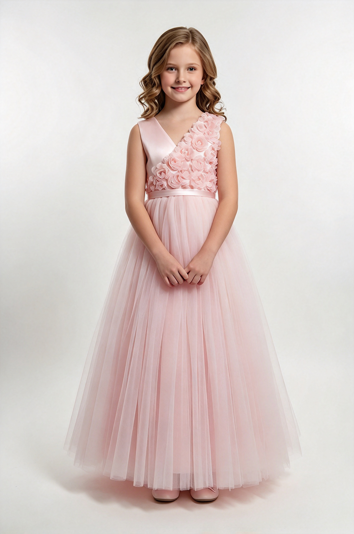 Lavender Girls Satin Tulle V-Neck 3D Rose A-Line Flower Girl Dress