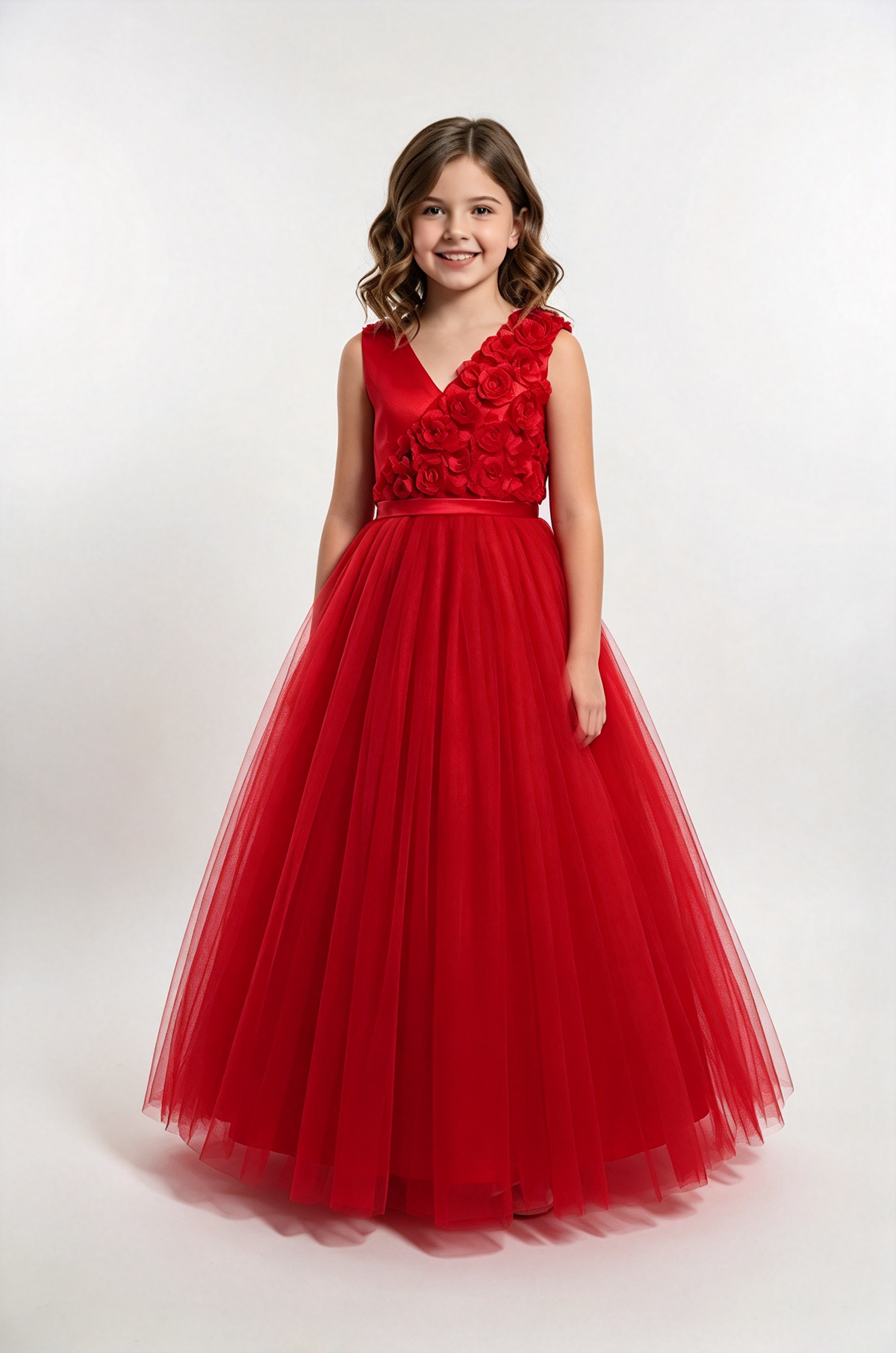 Lavender Girls Satin Tulle V-Neck 3D Rose A-Line Flower Girl Dress