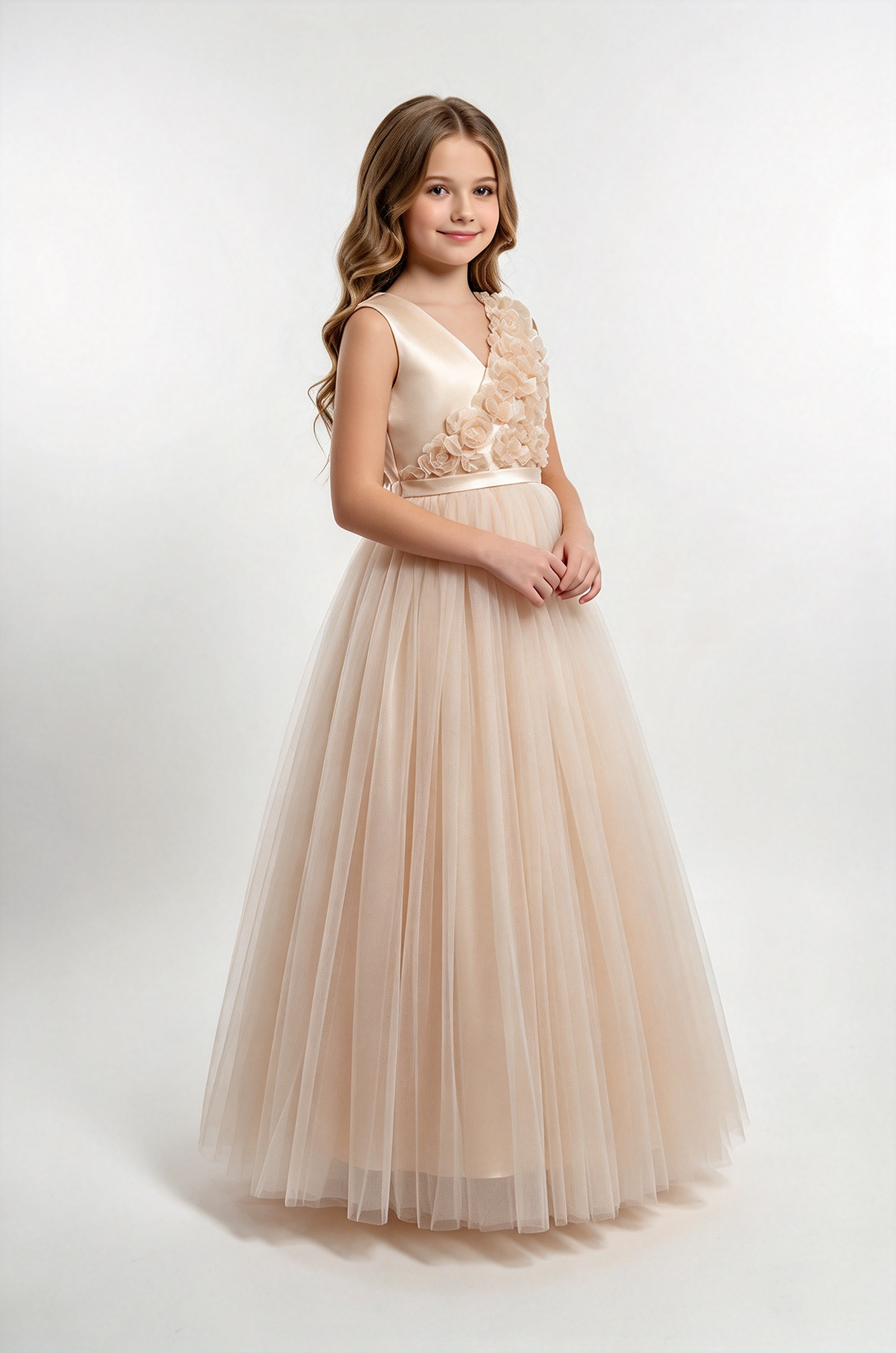 Lavender Girls Satin Tulle V-Neck 3D Rose A-Line Flower Girl Dress