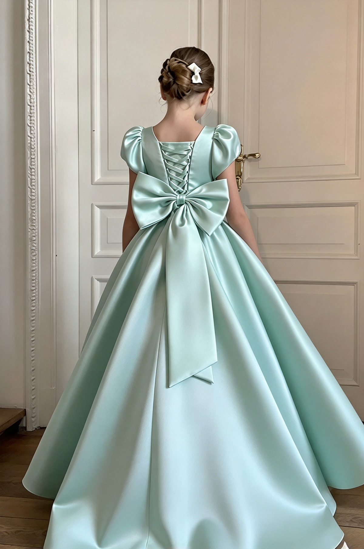 Mint Green Girls Satin Puff Sleeve Big Bow A-Line Flower Girl Dress