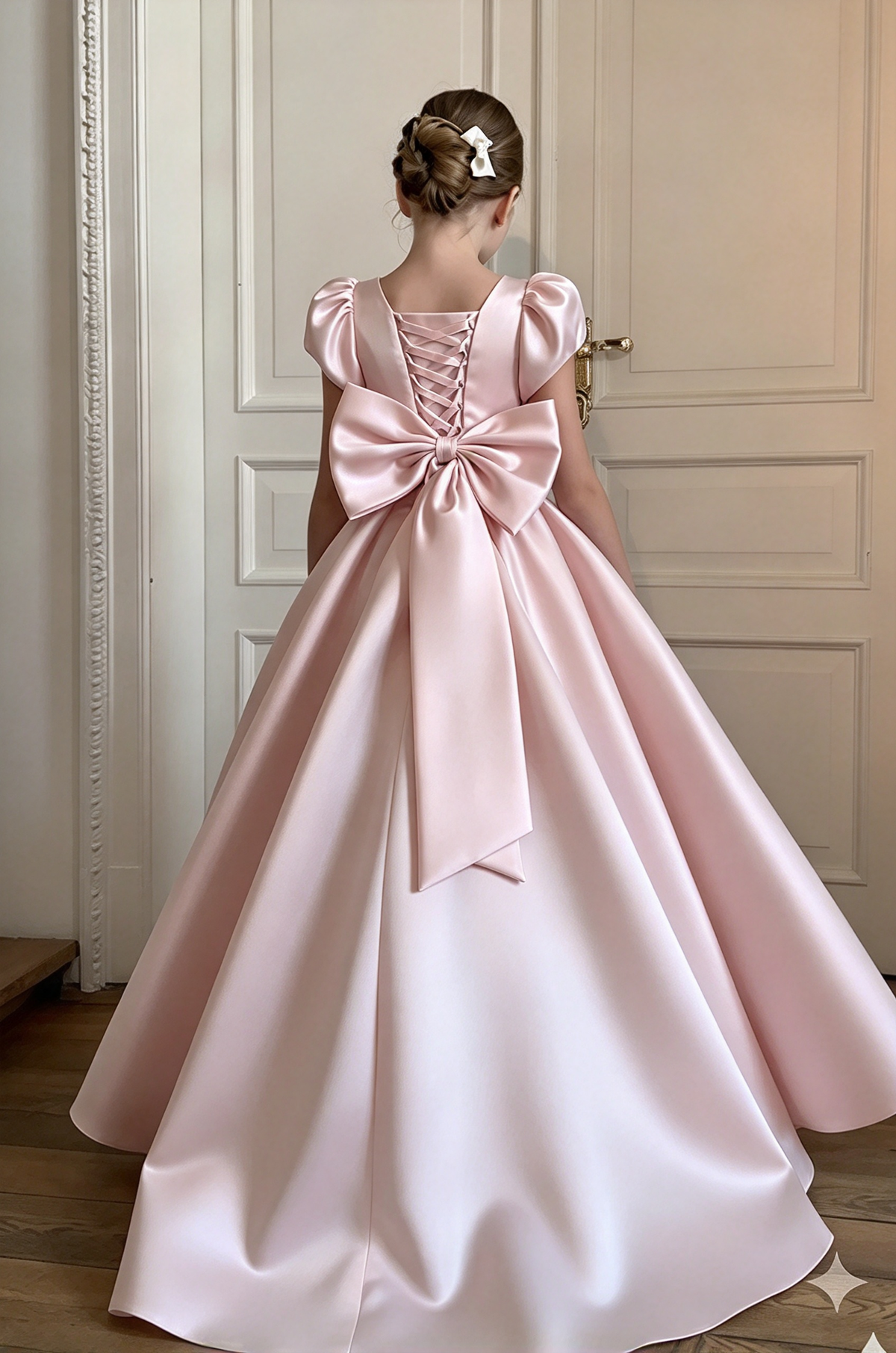Mint Green Girls Satin Puff Sleeve Big Bow A-Line Flower Girl Dress