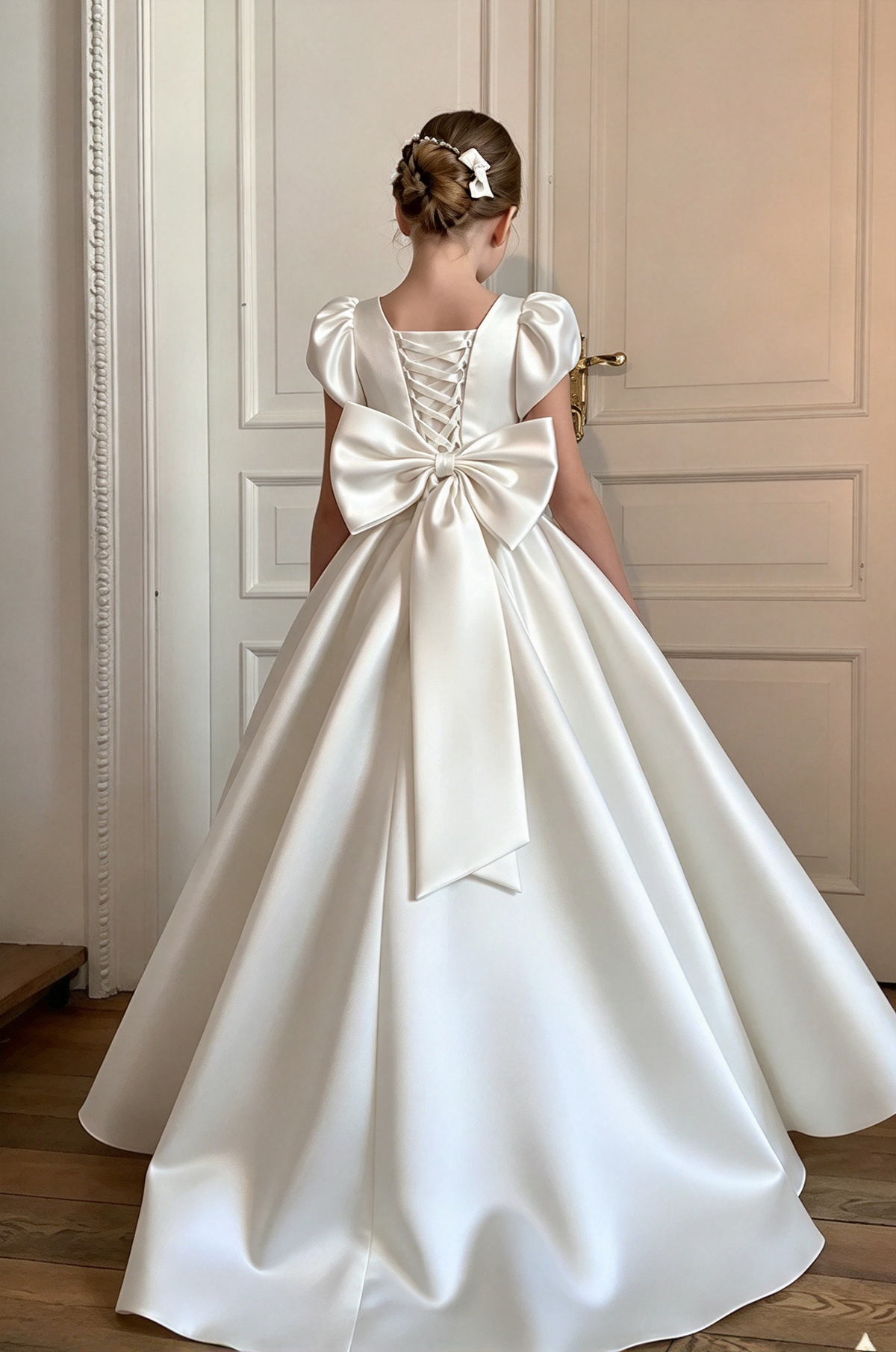 Mint Green Girls Satin Puff Sleeve Big Bow A-Line Flower Girl Dress