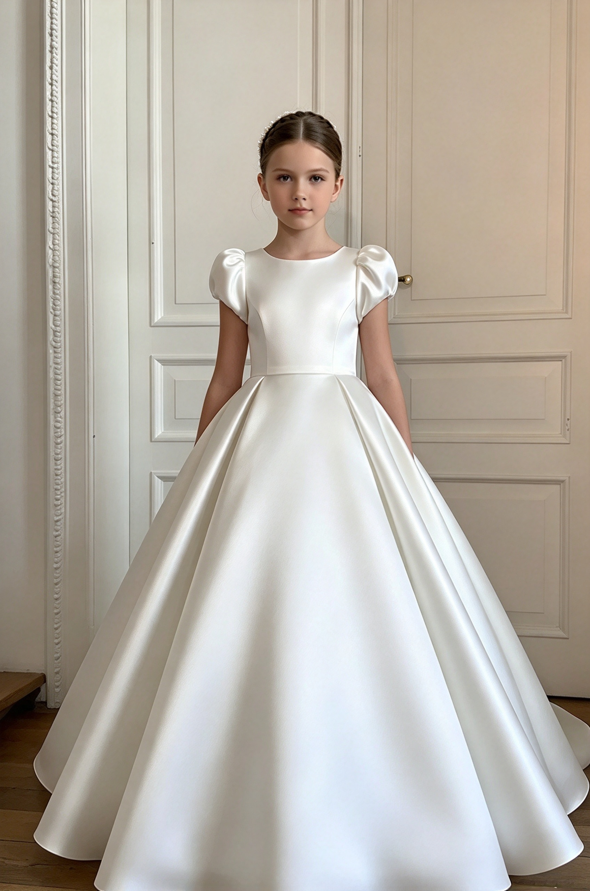 Mint Green Girls Satin Puff Sleeve Big Bow A-Line Flower Girl Dress