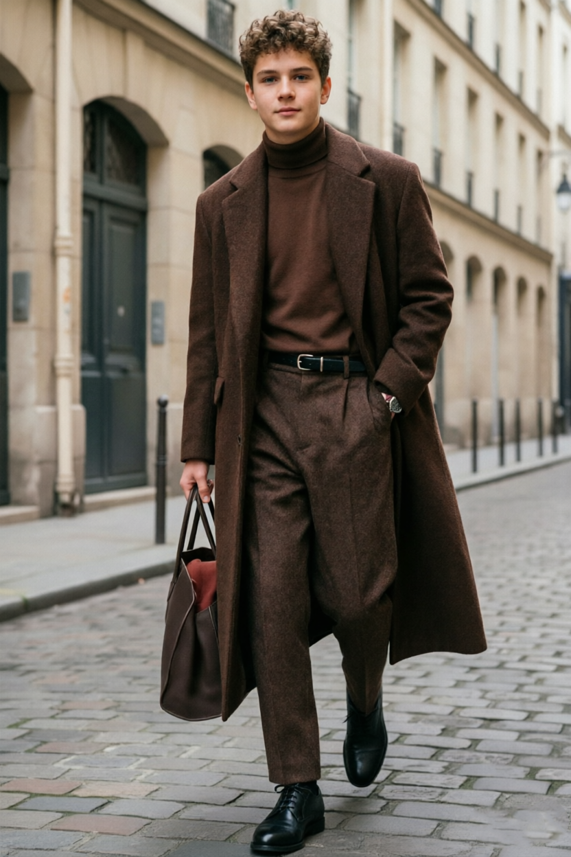 Dark Brown Boys thick Long Coat & Trousers 2 Piece Suit Set
