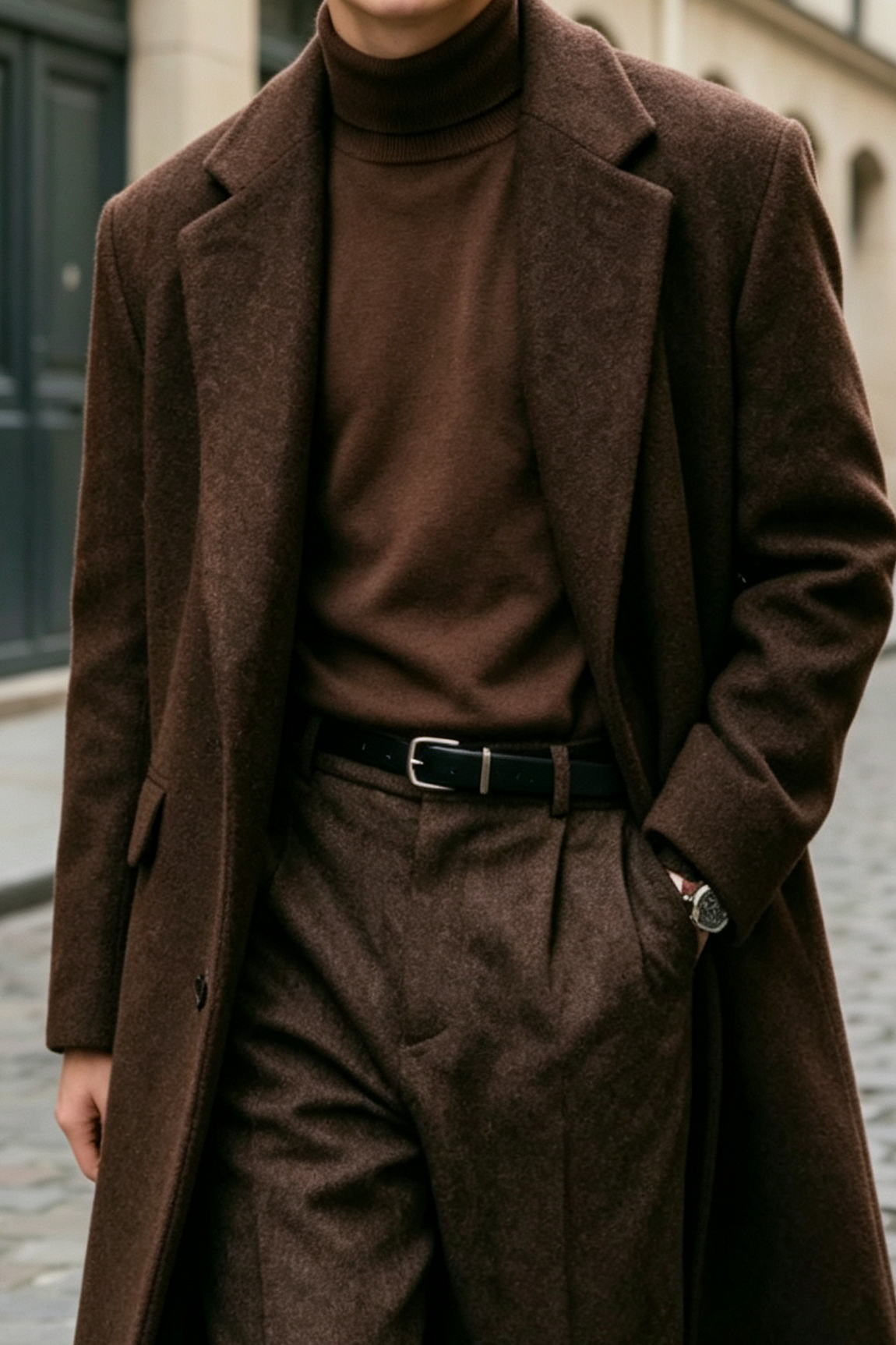 Dark Brown Boys thick Long Coat & Trousers 2 Piece Suit Set