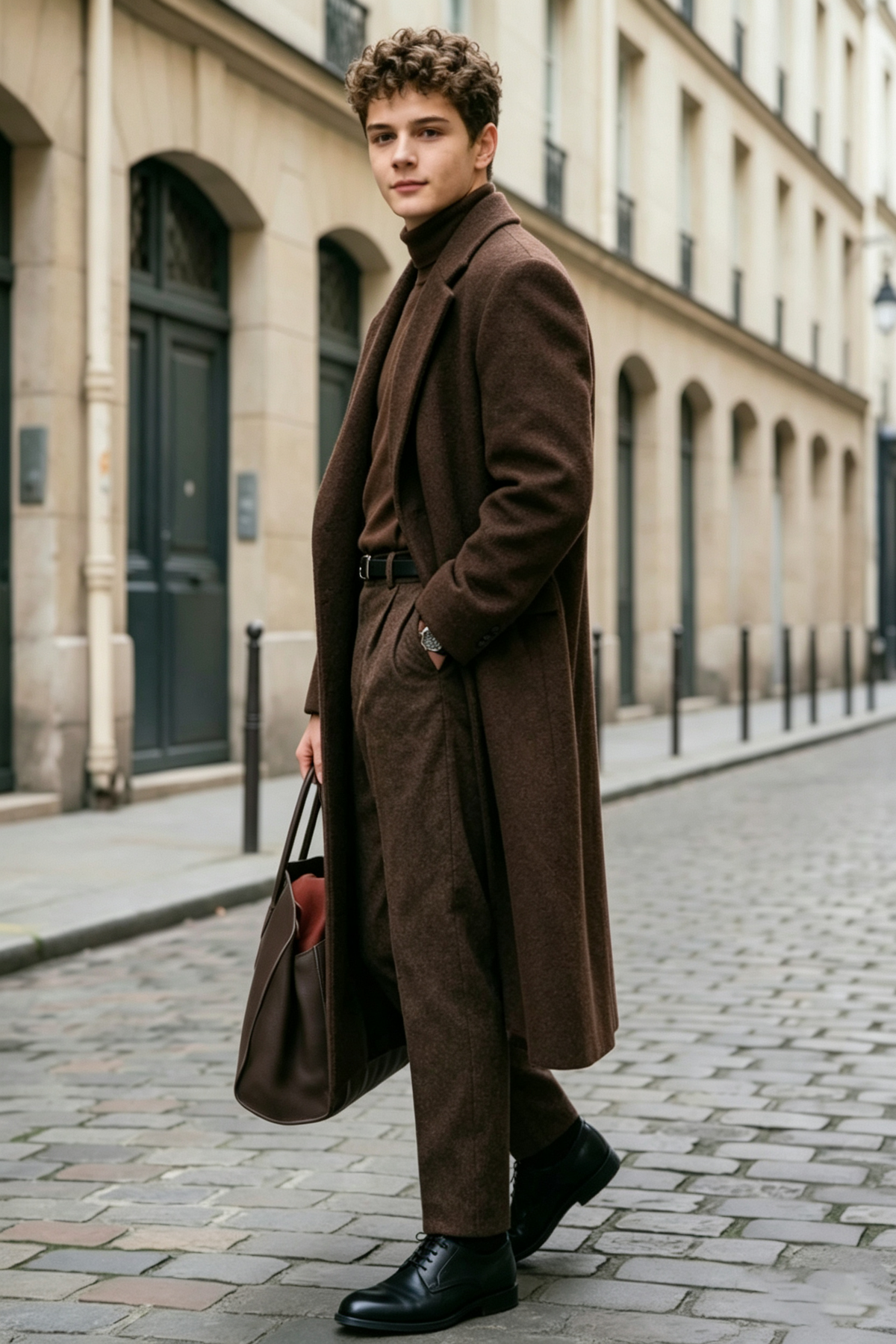 Dark Brown Boys thick Long Coat & Trousers 2 Piece Suit Set