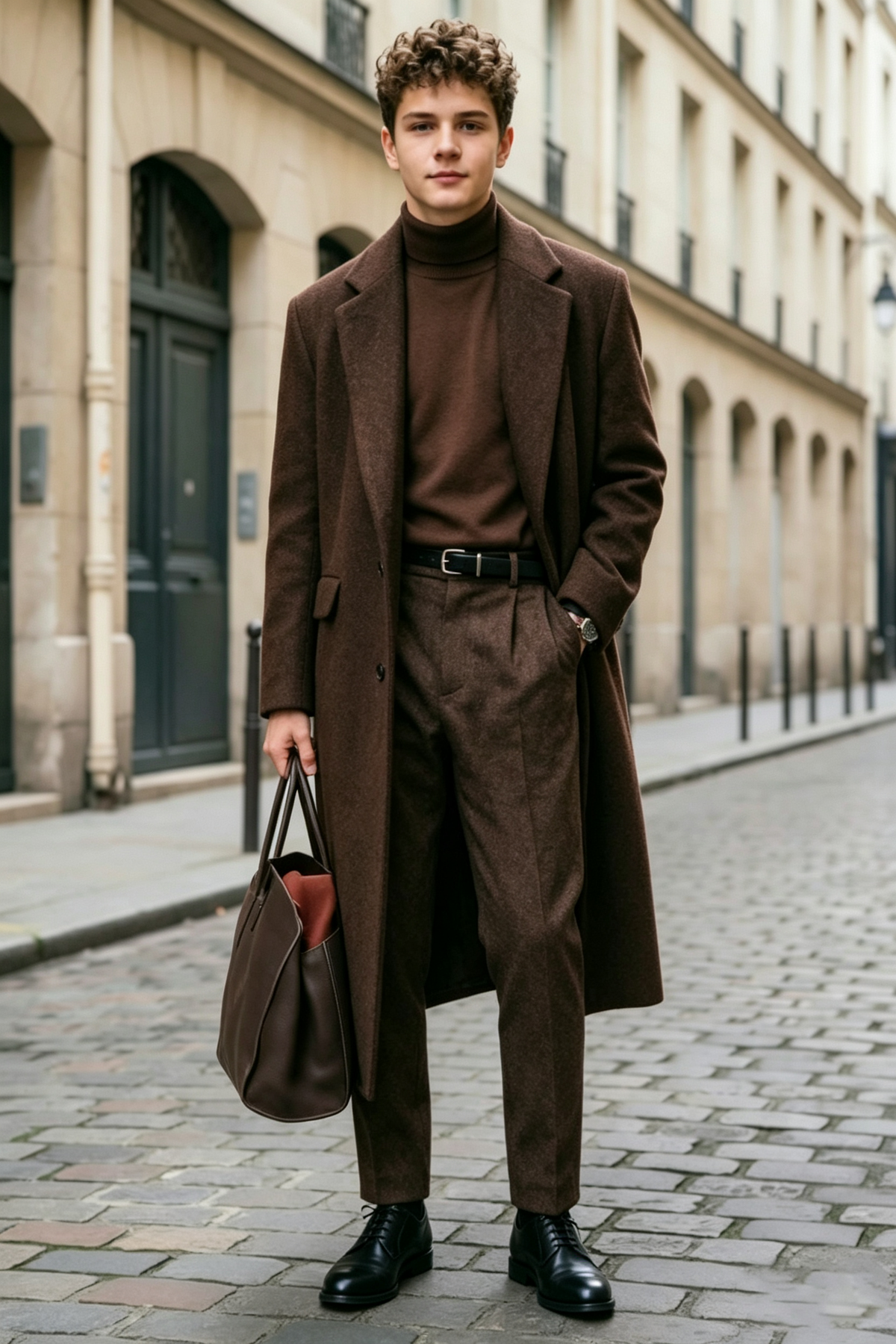 Dark Brown Boys thick Long Coat & Trousers 2 Piece Suit Set