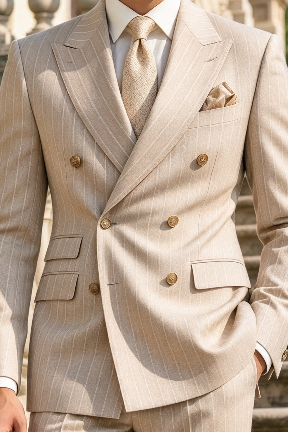 Light Beige Pinstripe Boys Double Breasted 2 Piece Suit Set