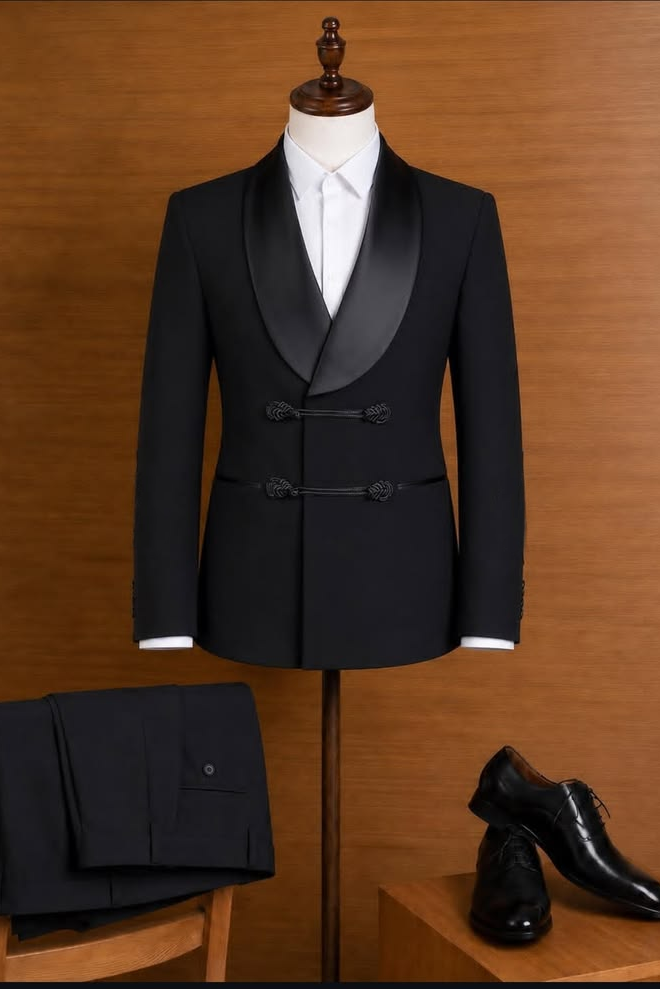 Black Boys Satin Lapel Frog Buttons Tuxedo 2 Piece Suit Set