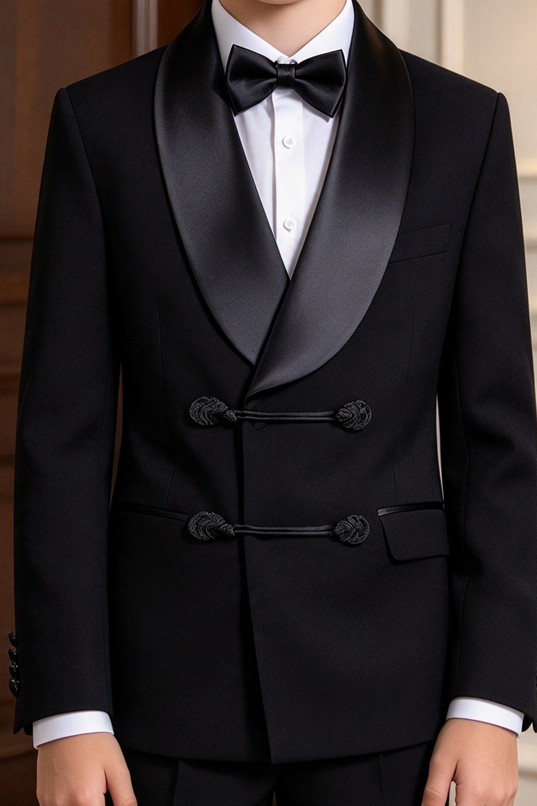 Black Boys Satin Lapel Frog Buttons Tuxedo 2 Piece Suit Set