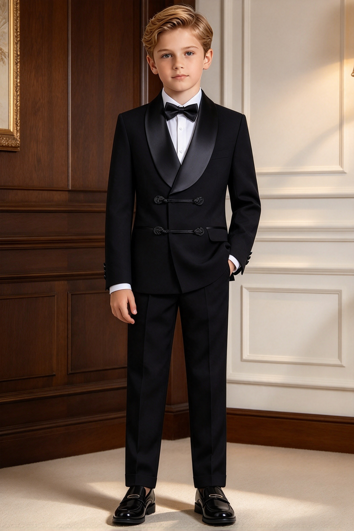 Black Boys Satin Lapel Frog Buttons Tuxedo 2 Piece Suit Set