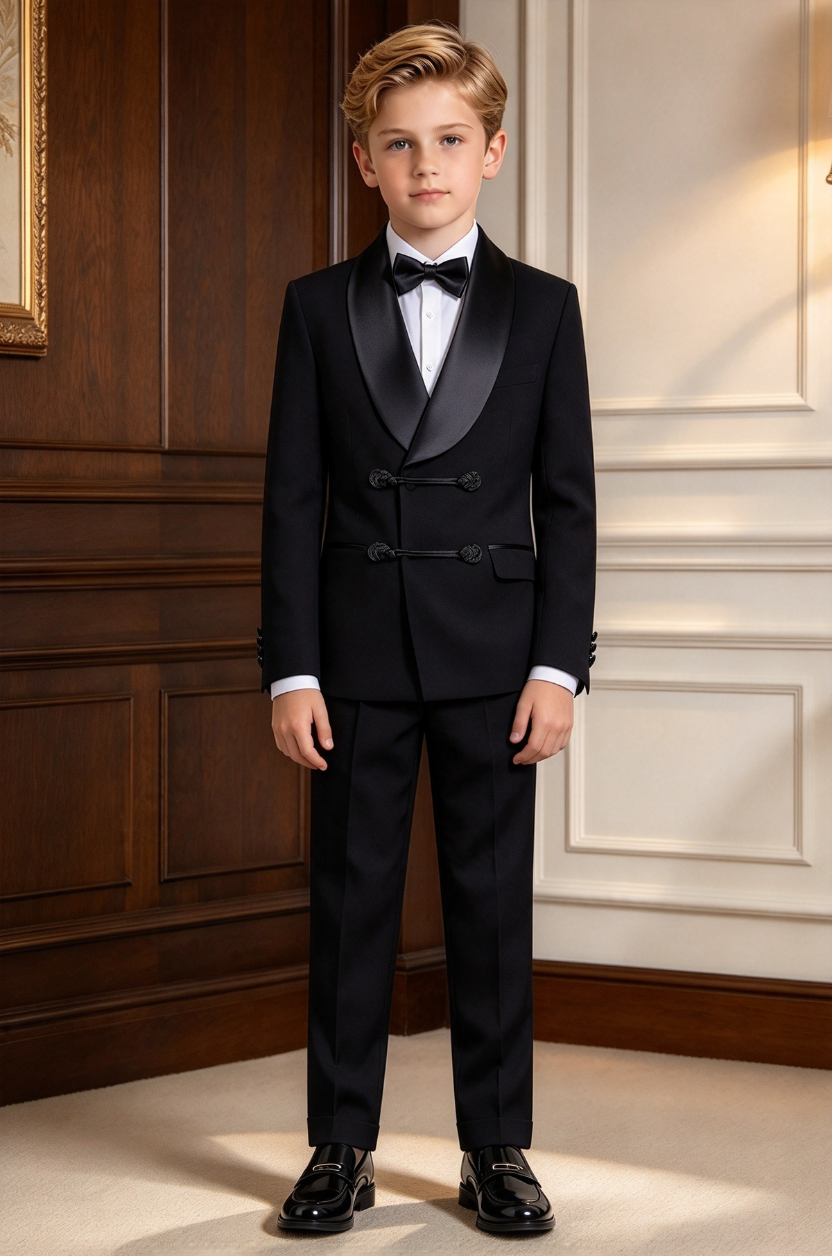 Black Boys Satin Lapel Frog Buttons Tuxedo 2 Piece Suit Set
