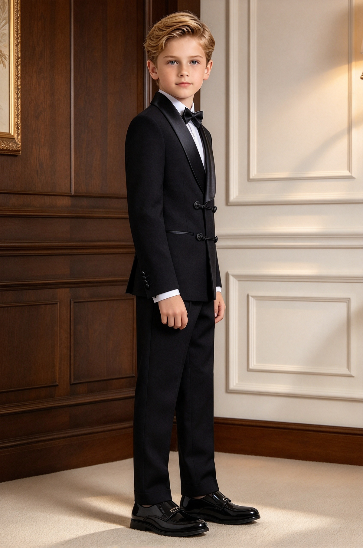 Black Boys Satin Lapel Frog Buttons Tuxedo 2 Piece Suit Set