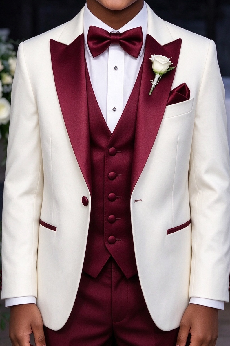 Cream & Burgundy Satin Lapel Single Breasted 3 Piece Suit Set