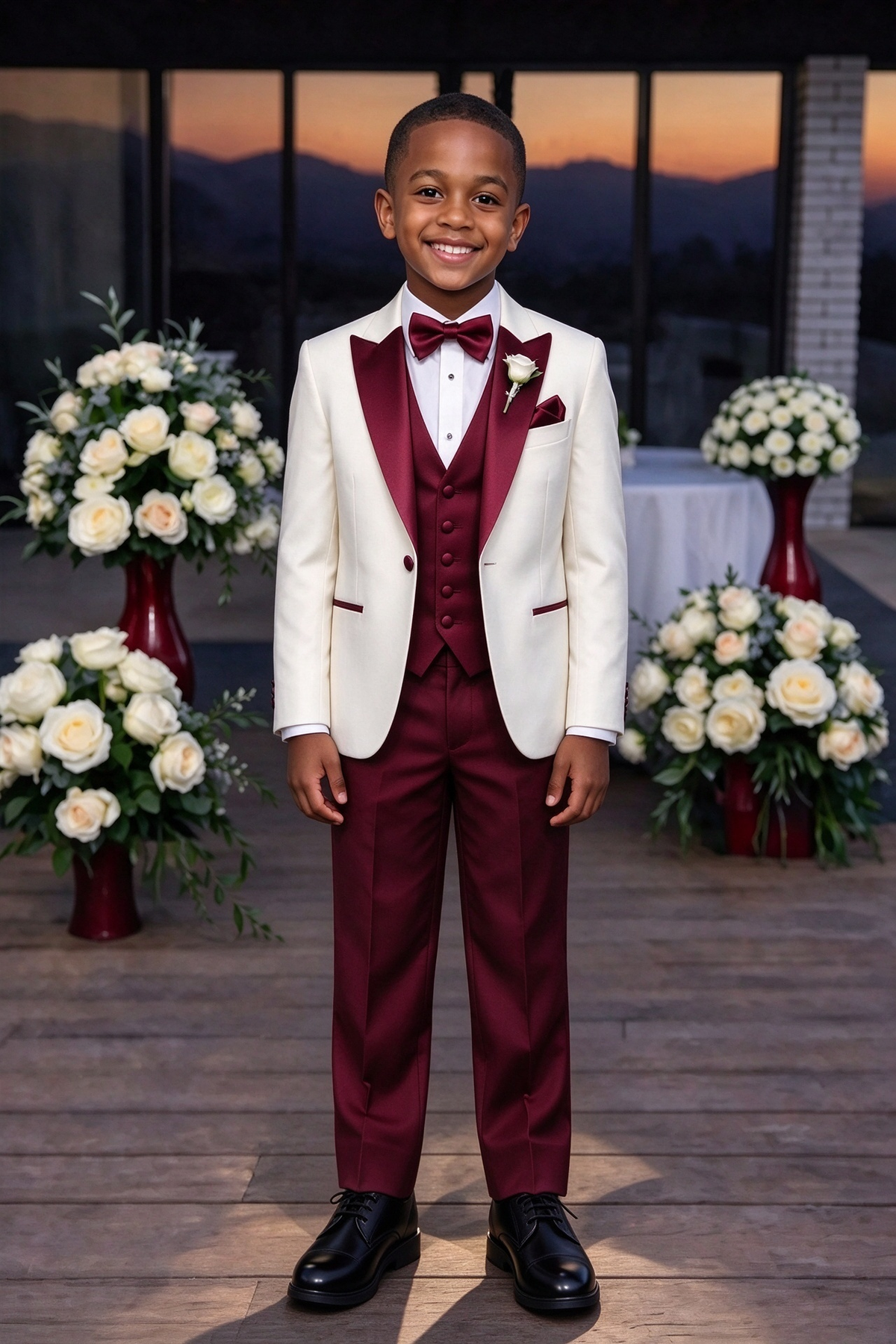 Cream & Burgundy Satin Lapel Single Breasted 3 Piece Suit Set