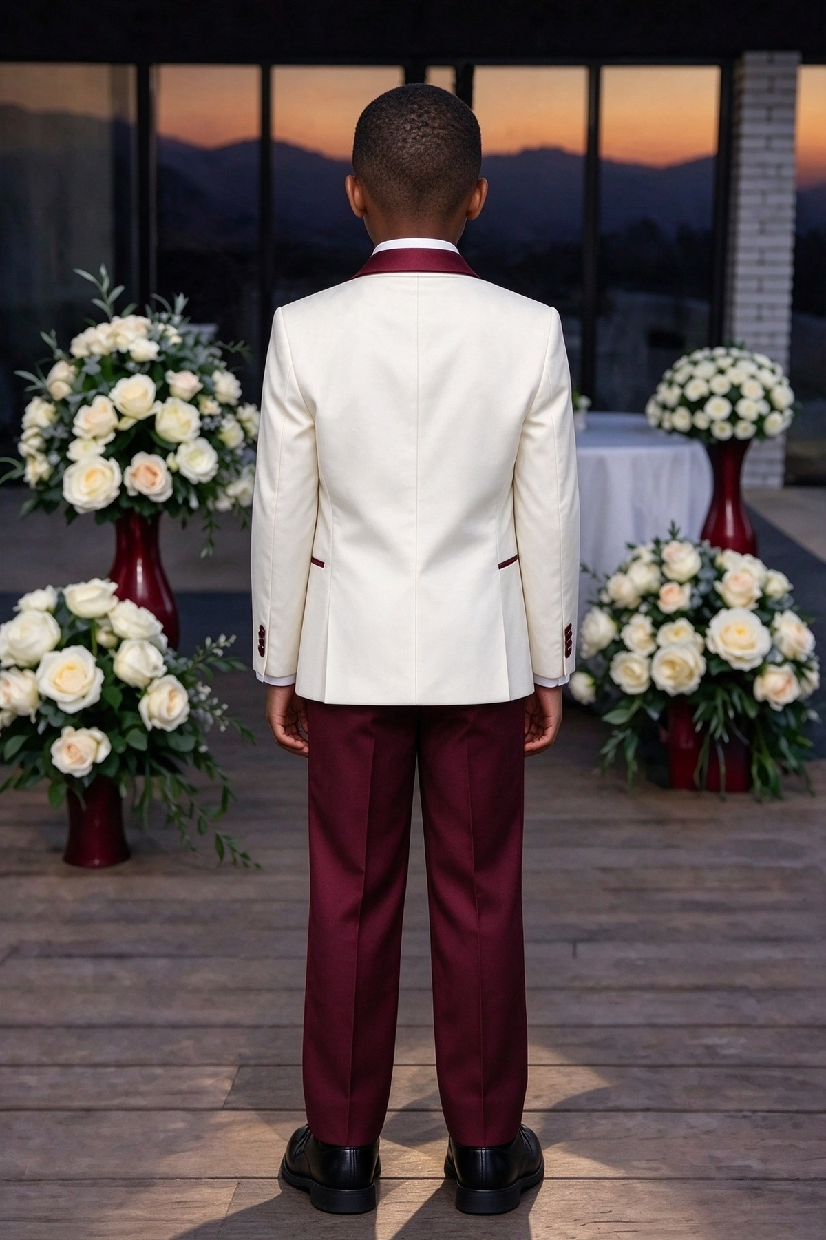 Cream & Burgundy Satin Lapel Single Breasted 3 Piece Suit Set