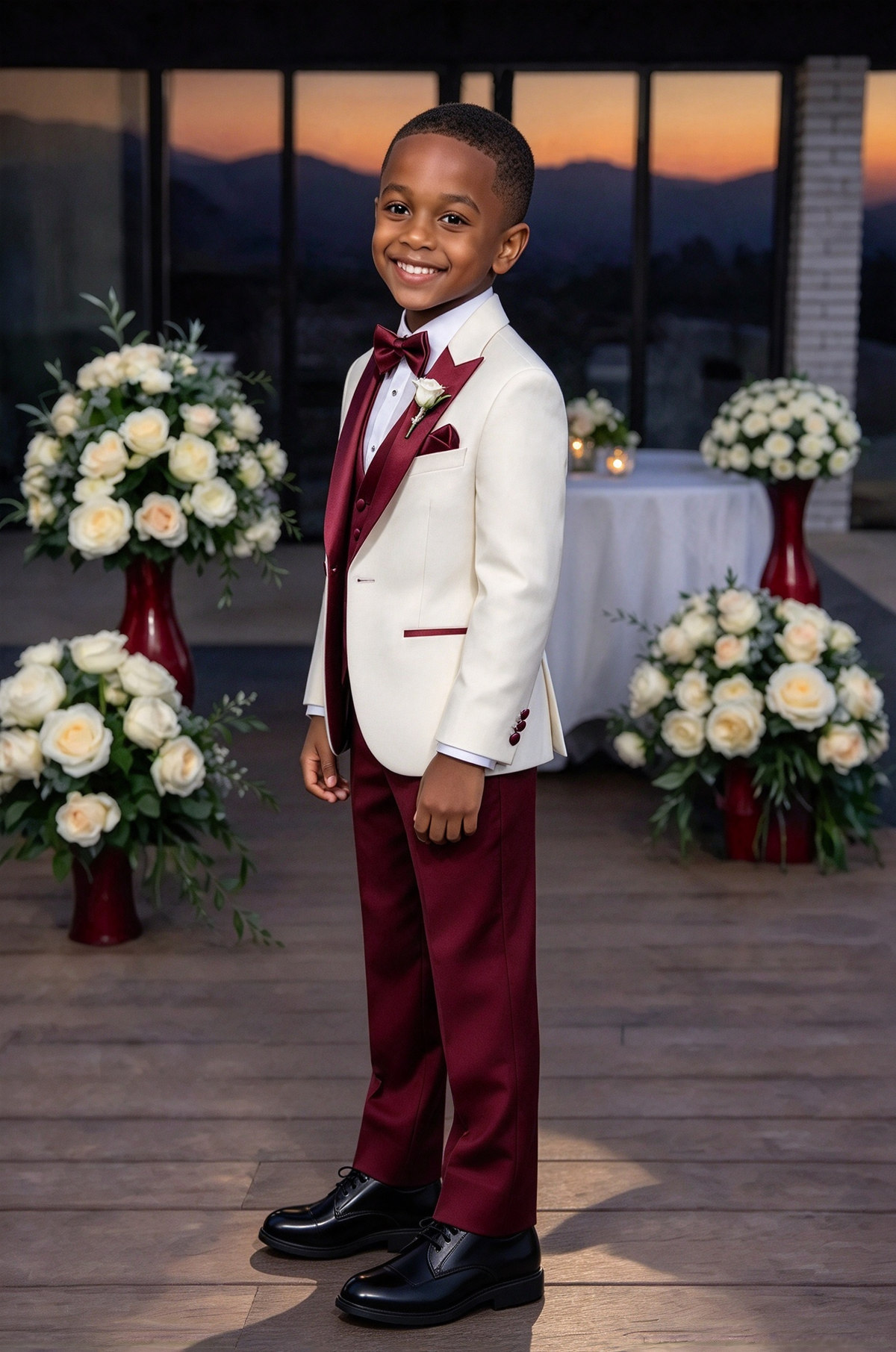 Cream & Burgundy Satin Lapel Single Breasted 3 Piece Suit Set