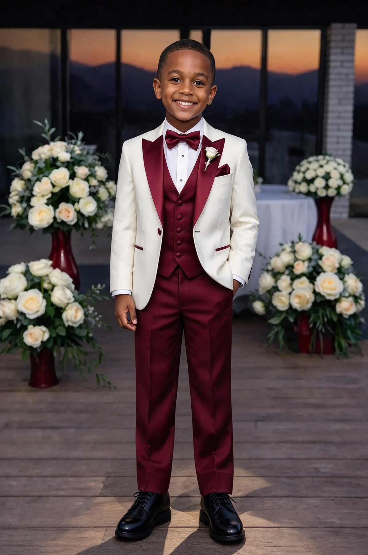 Cream & Burgundy Satin Lapel Single Breasted 3 Piece Suit Set
