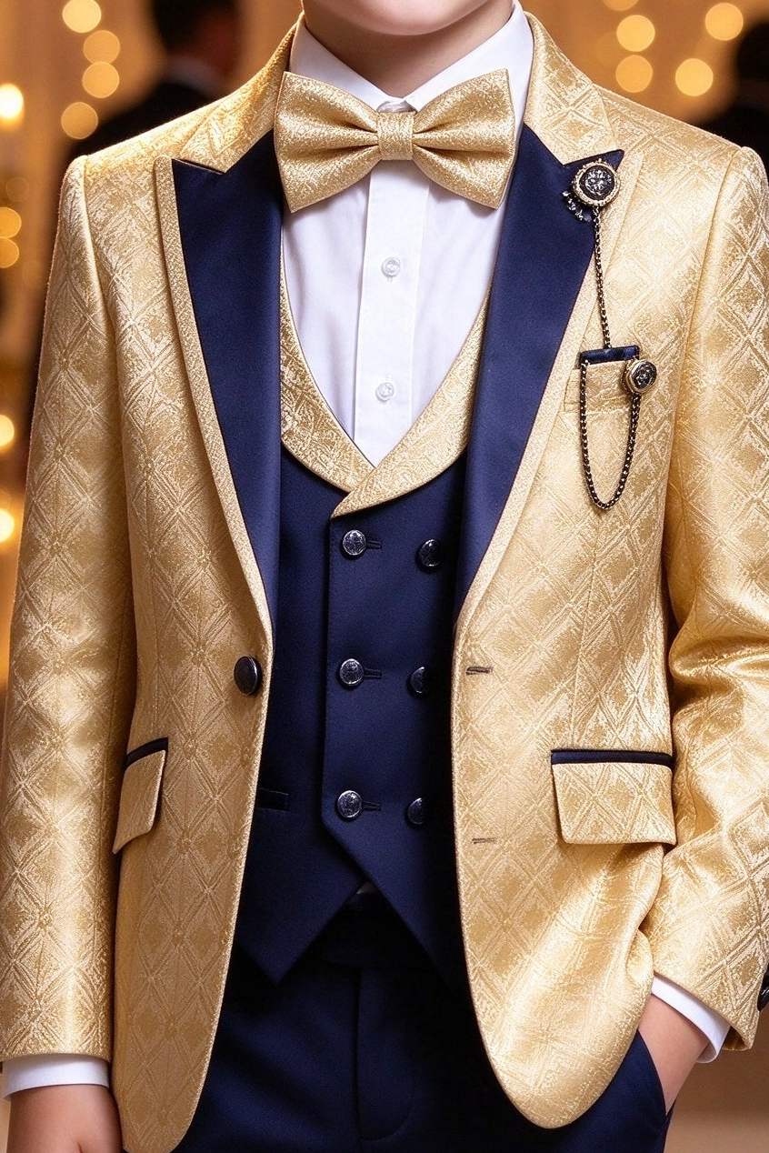 Gold Jacquard & Navy Boys Double Breasted 3 Piece Suit Set