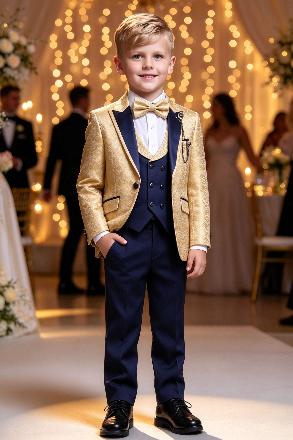 Gold Jacquard & Navy Boys Double Breasted 3 Piece Suit Set