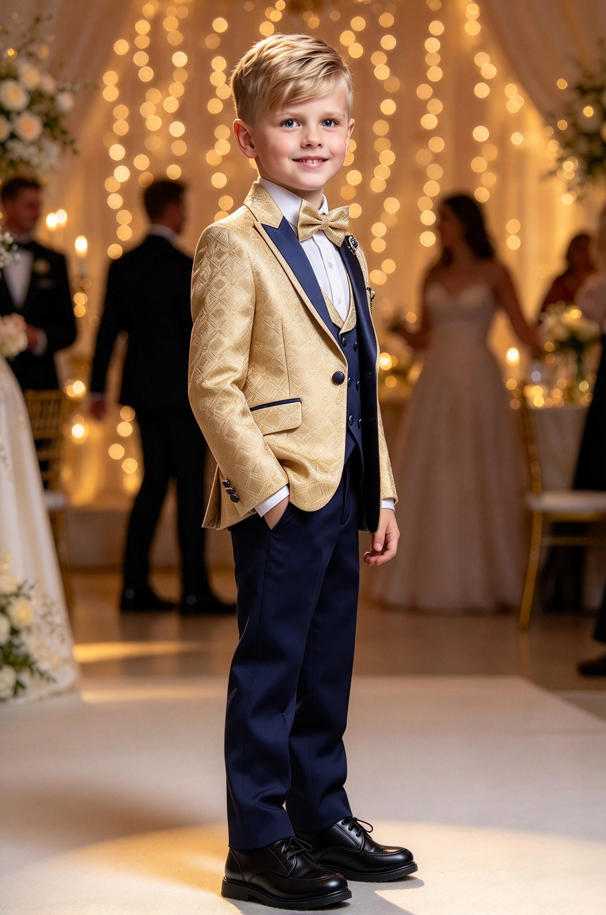 Gold Jacquard & Navy Boys Double Breasted 3 Piece Suit Set