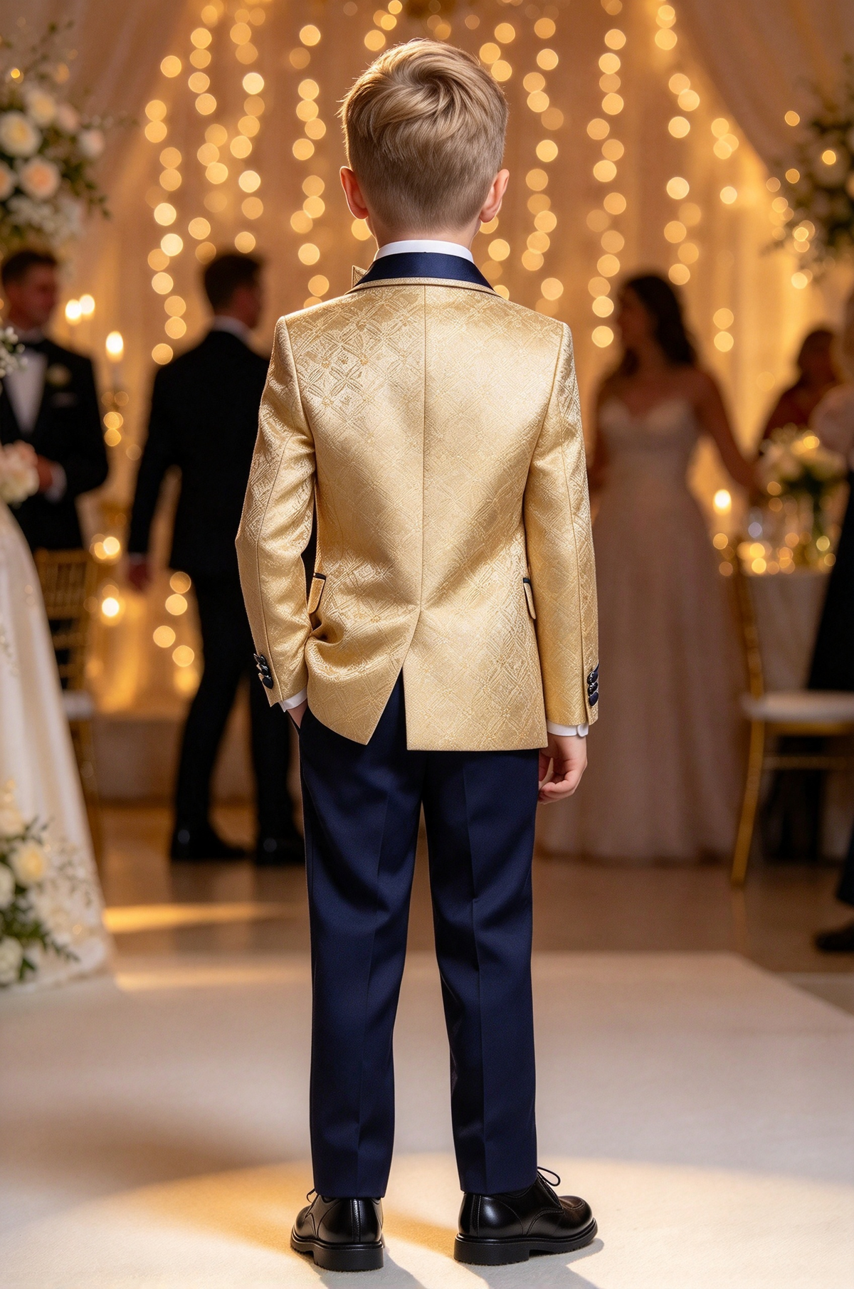 Gold Jacquard & Navy Boys Double Breasted 3 Piece Suit Set