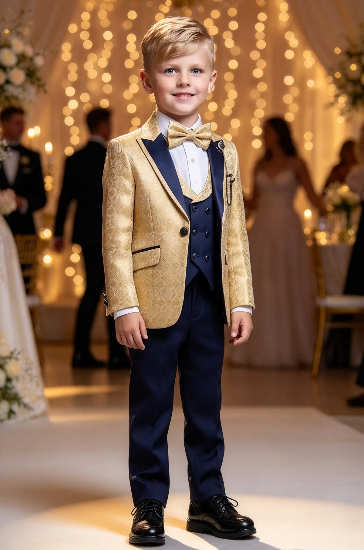 Gold Jacquard & Navy Boys Double Breasted 3 Piece Suit Set
