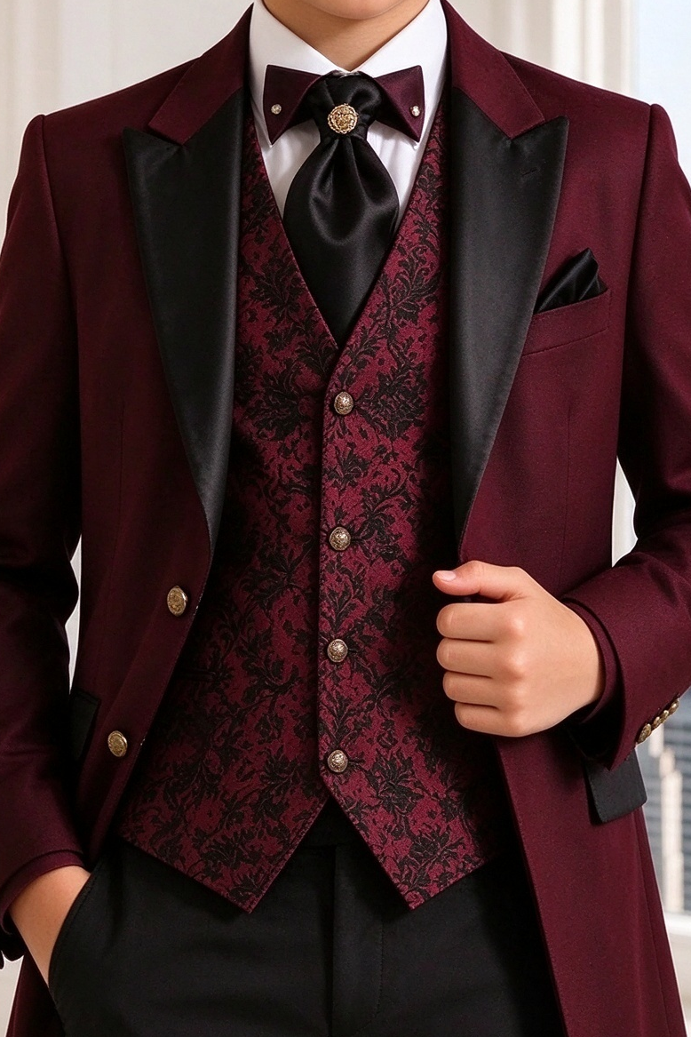 Burgundy & Black Jacquard Single Breasted Long Overcoat 3 Piece Set