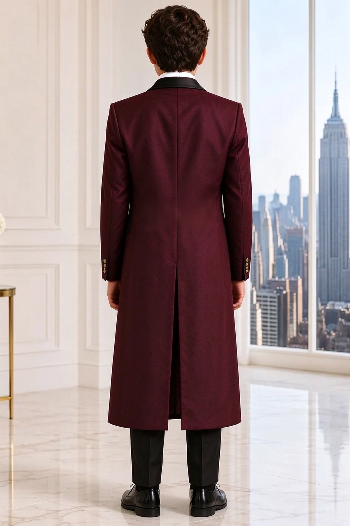 Burgundy & Black Jacquard Single Breasted Long Overcoat 3 Piece Set