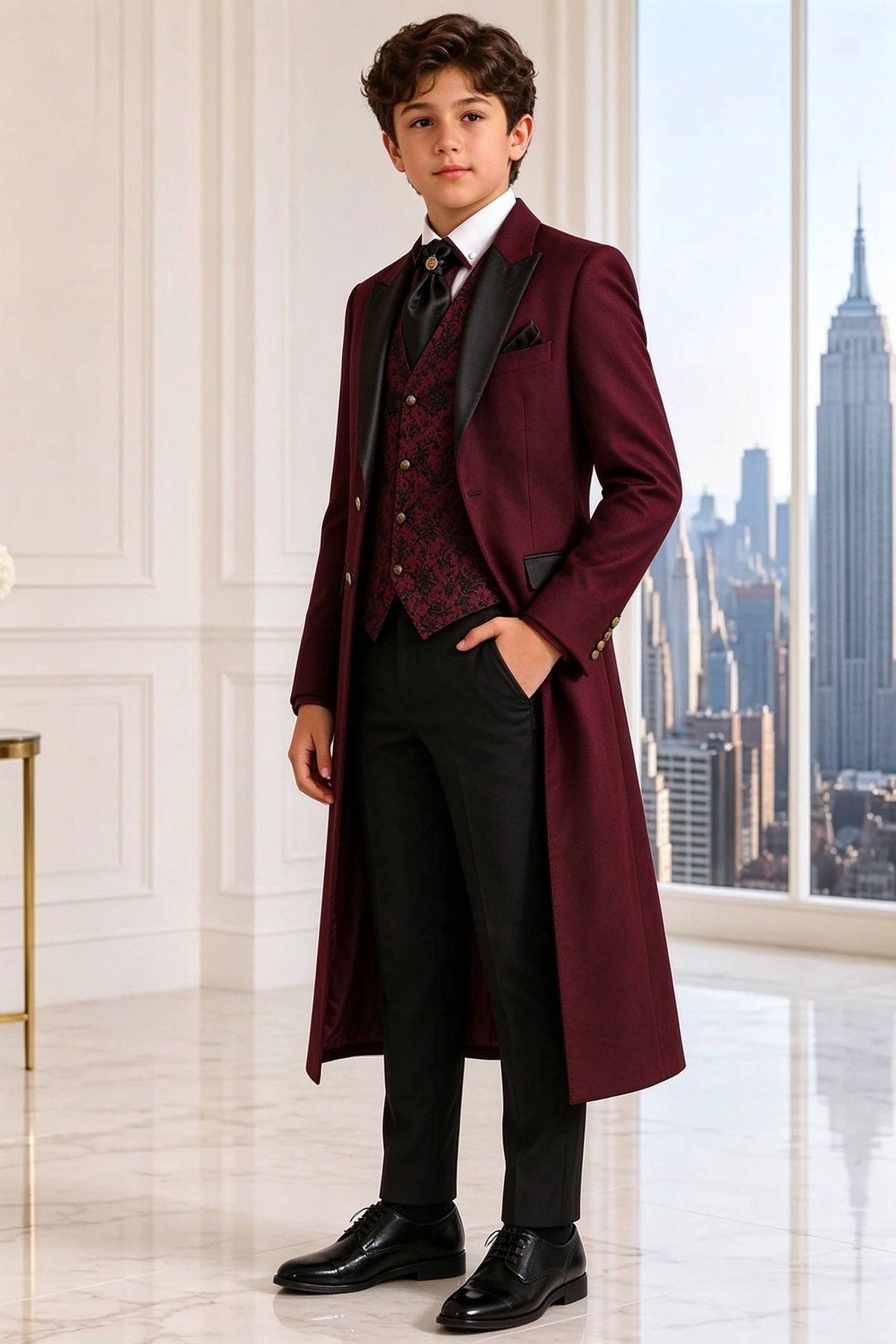 Burgundy & Black Jacquard Single Breasted Long Overcoat 3 Piece Set