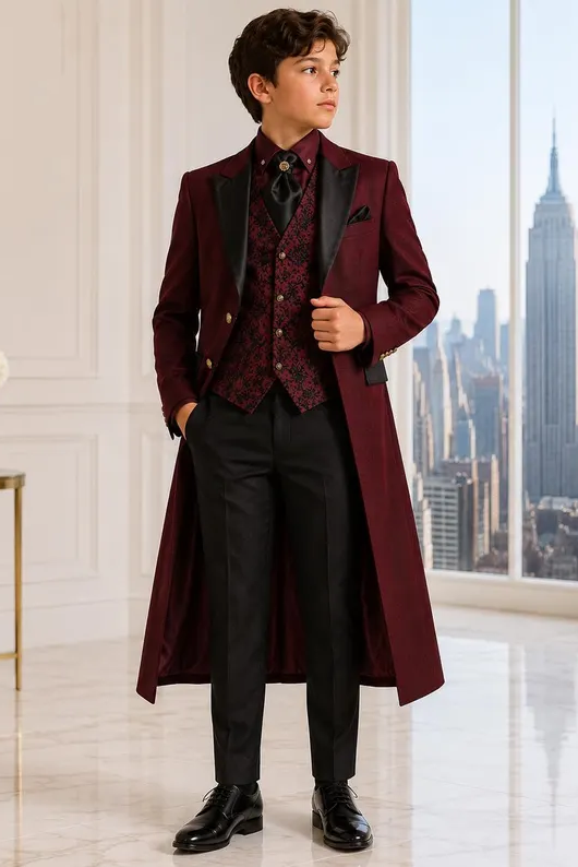 Burgundy & Black Jacquard Single Breasted Long Overcoat 3 Piece Set