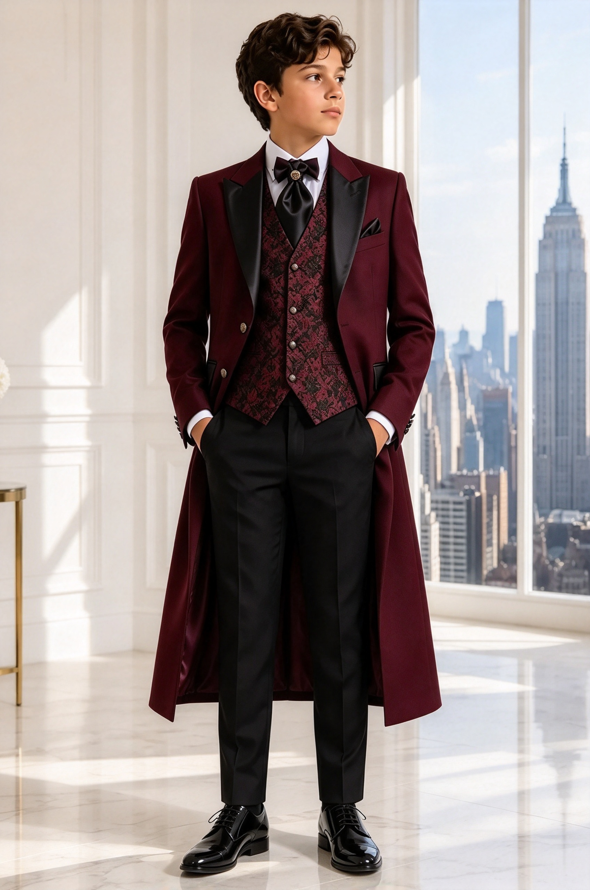 Burgundy & Black Jacquard Single Breasted Long Overcoat 3 Piece Set