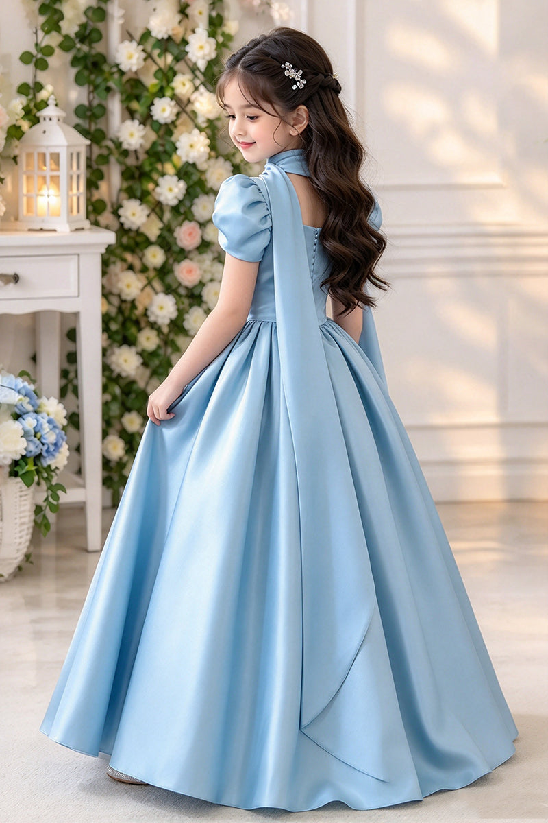 Girls Sky Blue Satin Gown for Weddings