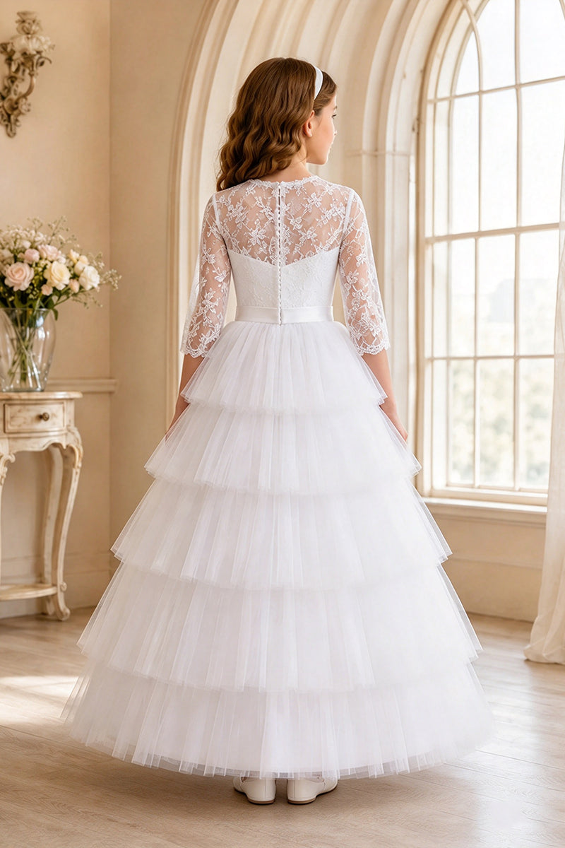 Girls White Lace Tulle Gown for Weddings