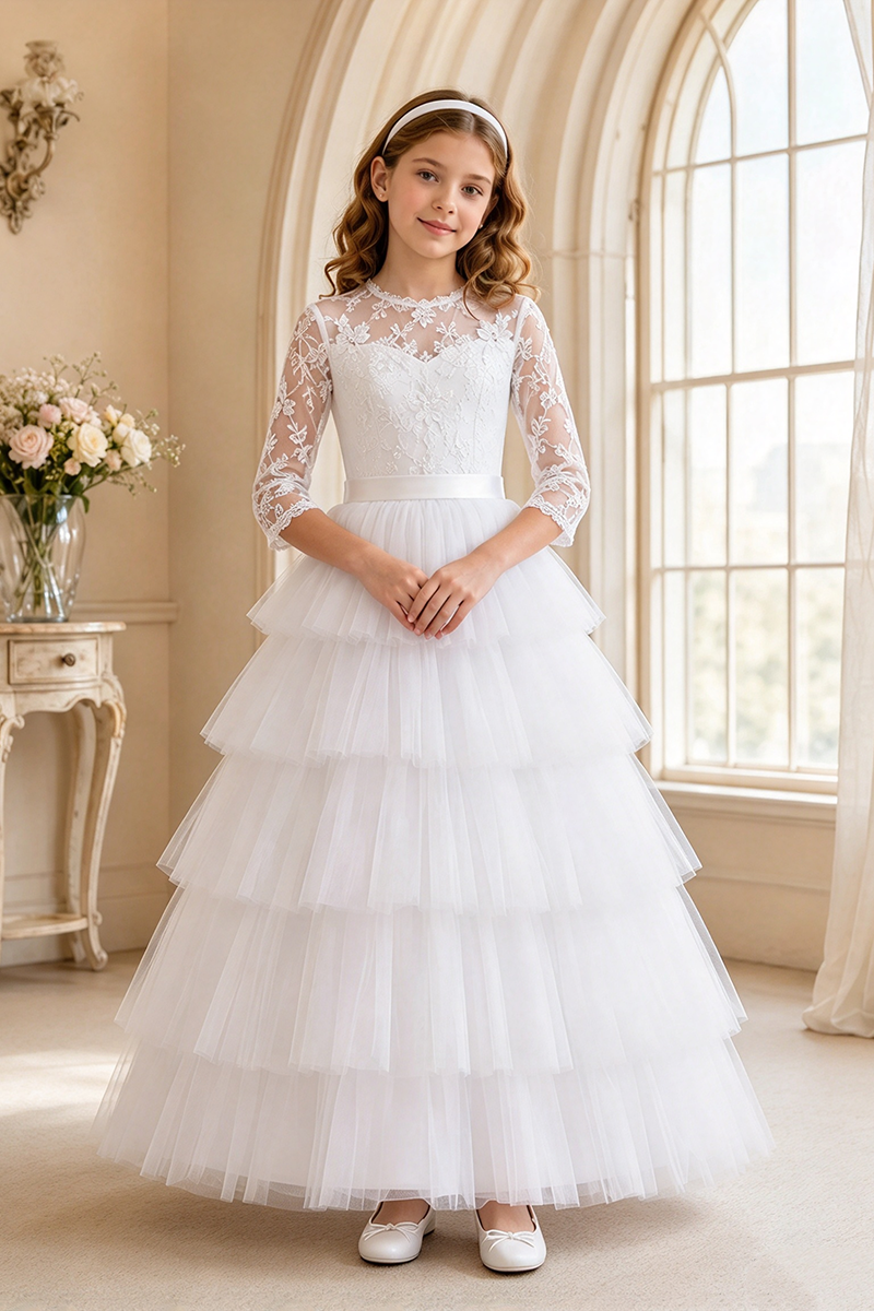 Girls White Lace Tulle Gown for Weddings