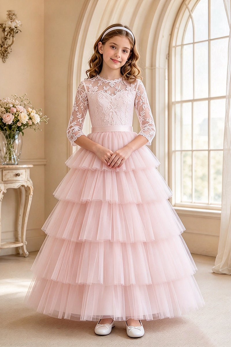 Girls White Lace Tulle Gown for Weddings
