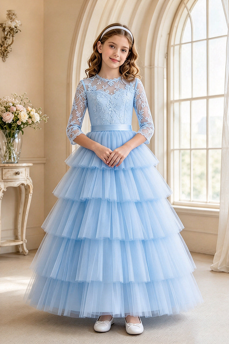 Girls White Lace Tulle Gown for Weddings