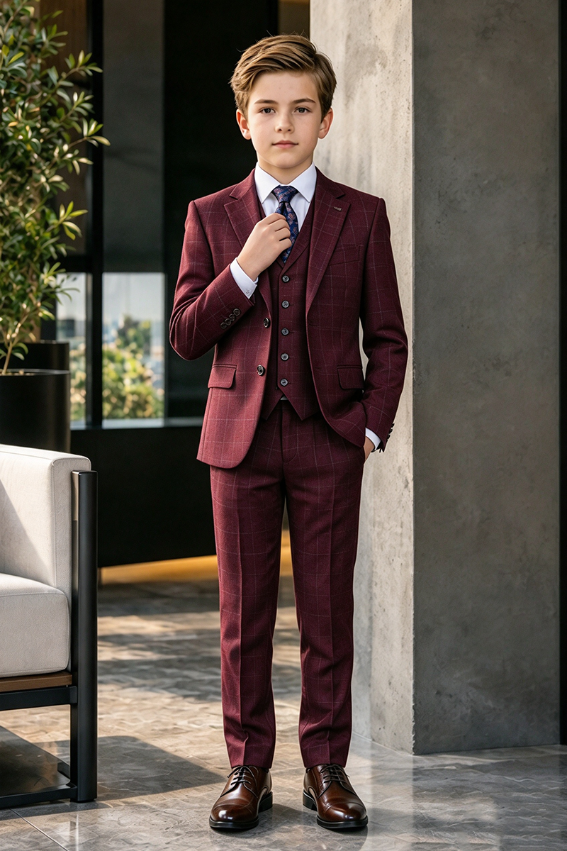 Boys Burgundy Windowpane 3-Piece Suit