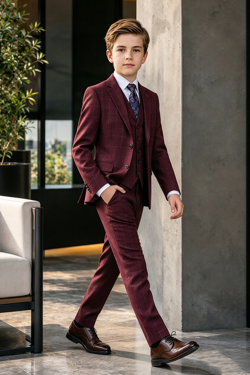 Boys Burgundy Windowpane 3-Piece Suit