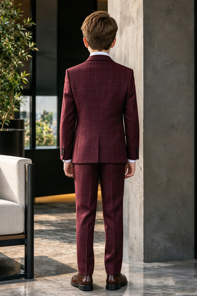 Boys Burgundy Windowpane 3-Piece Suit