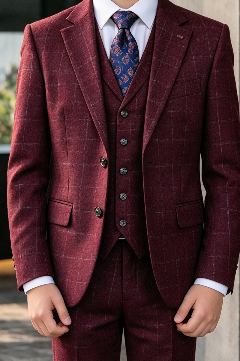 Boys Burgundy Windowpane 3-Piece Suit