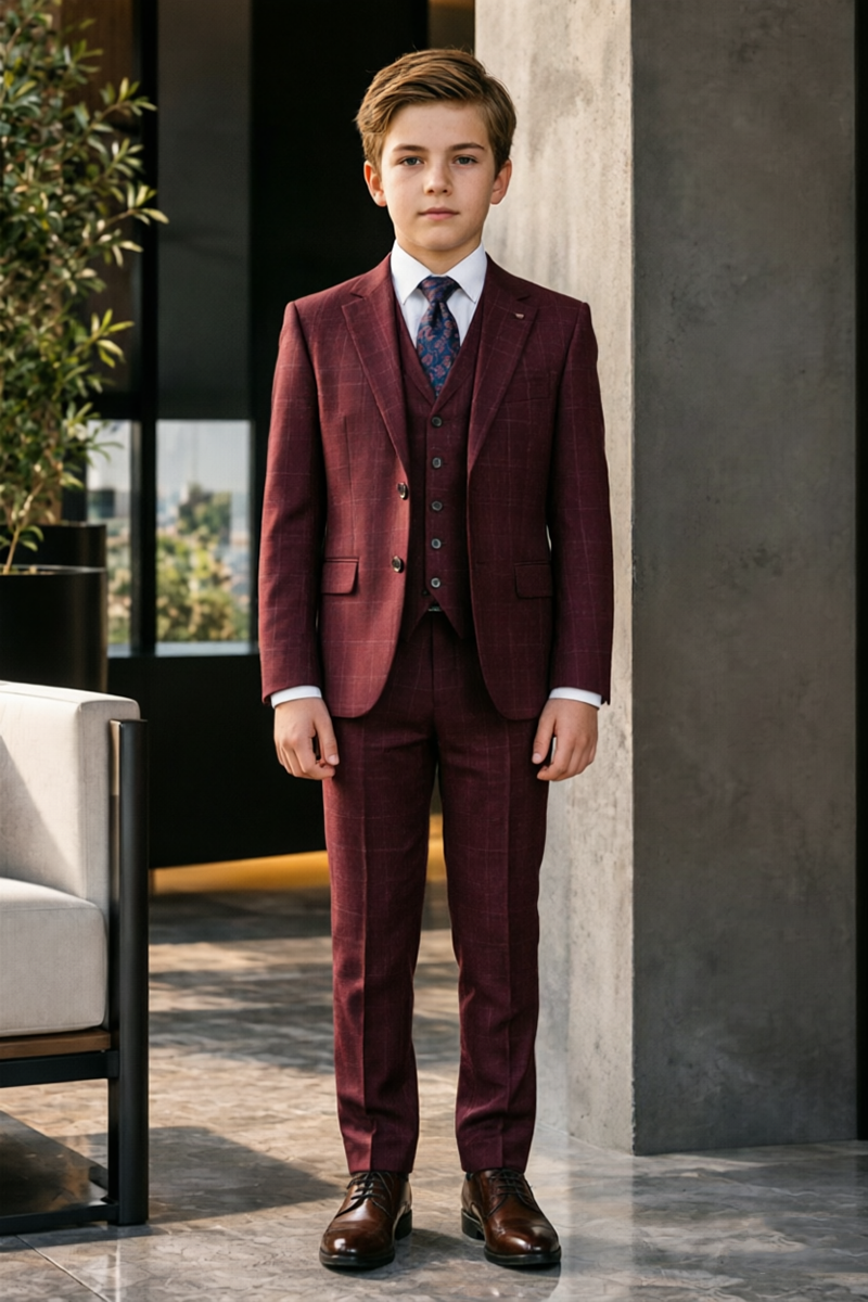 Boys Burgundy Windowpane 3-Piece Suit