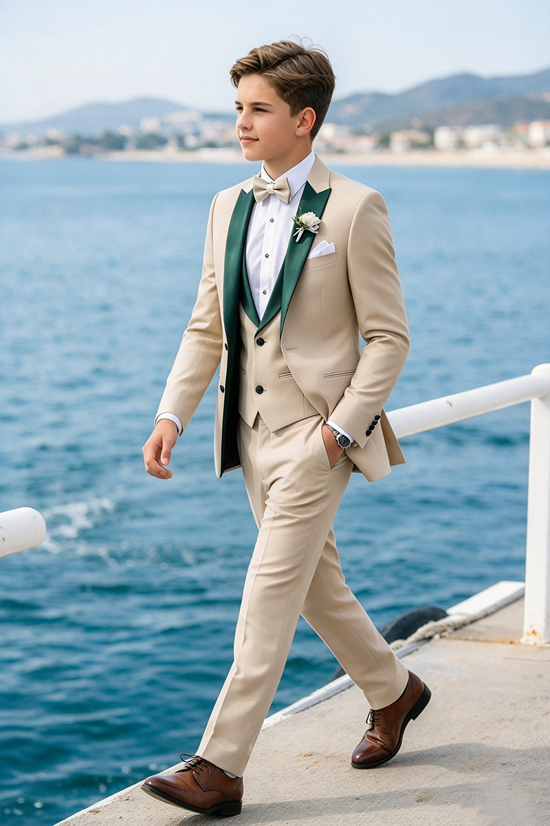 Boys Beige with Dark Green Shawl Lapel 3-Piece Suit