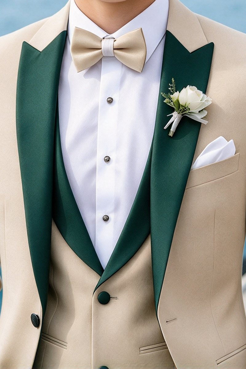 Boys Beige with Dark Green Shawl Lapel 3-Piece Suit